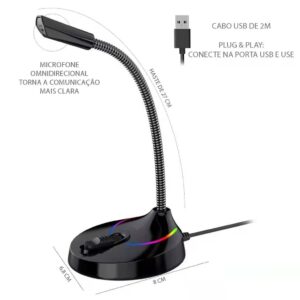 Microfone de mesa USB RGB Gamer para computador PC notebook Profissional