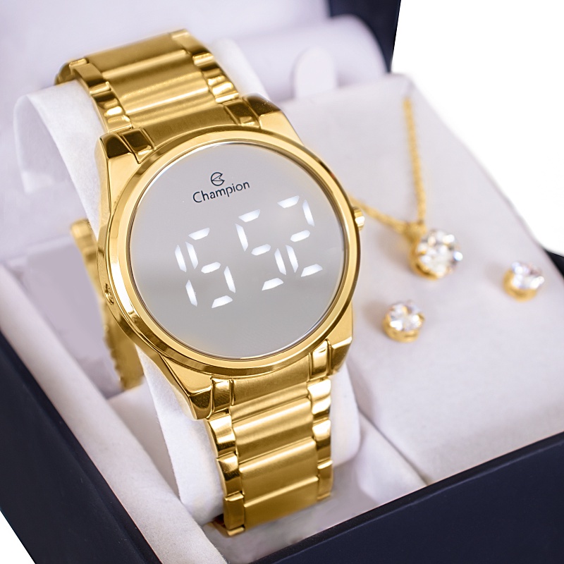 Relógio Feminino Champion Digital Espelhado Dourado CH40124B Kit Colar e Brincos - Imagem 1
